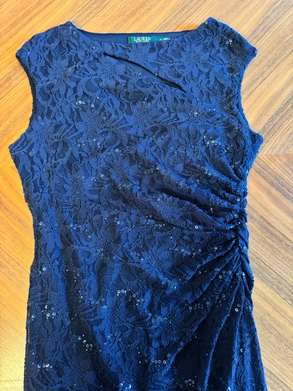 Lauren Ralph Lauren Navy Lace Sequin Gown Maxi Dress Size 14 Elegant - Picture 11 of 13